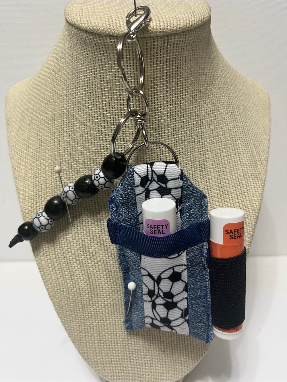 Handmade Soccer Print Lip Balm Keychain Holder in Blue